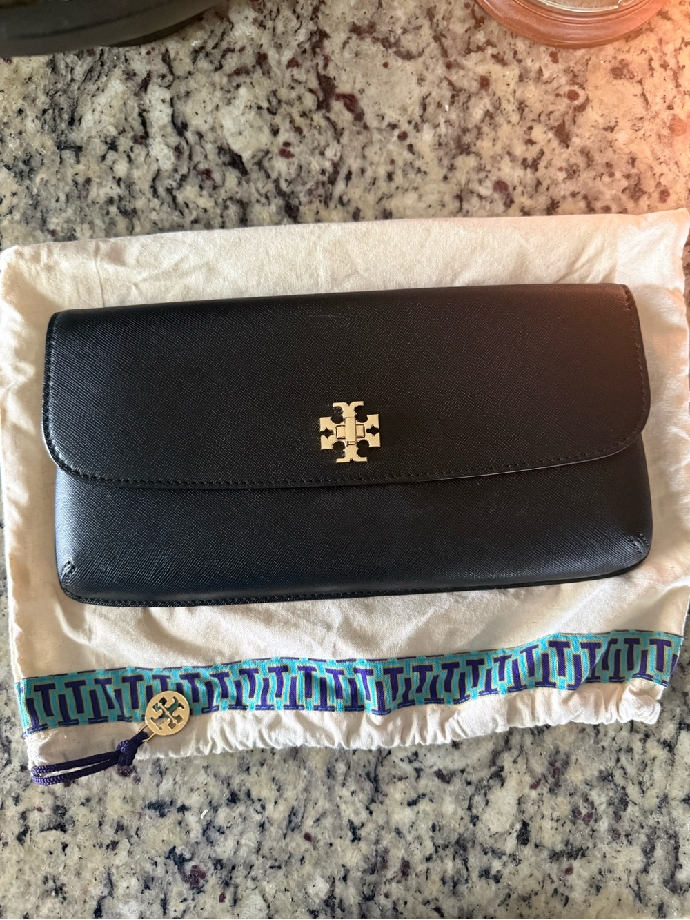 Tory Burch Black Saffiano Leather Wallet Clutch with Gold Logo